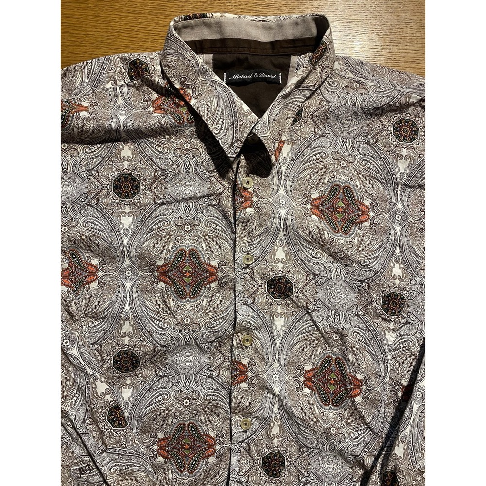 Michael & David Signature Brown Paisley L/S Button Up Shirt Sz XL Paisley Accent